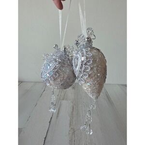 Vintage silver beaded iridescent ornament ball teardrop unique Xmas tree